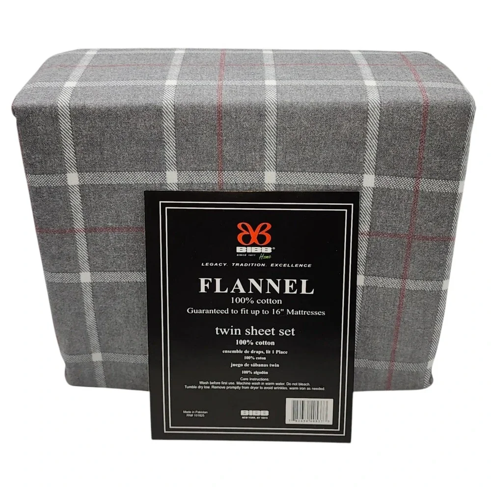 BIBB Home Twin Size Gray Checkered Cotton Flannel Sheet Set 3pc‎